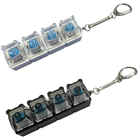 2 Pcs Clicky Keyboard Fidget Toy, Mini 4-Key Keyboard Keychain Clickers | Mechanical Button Clicks, Transparent Black Design, Battery-Free Keychains for Desk Breaks, Commutes and Waiting Times