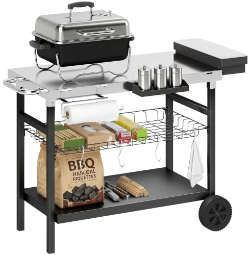 Outsunny Carrello Barbecue da Esterno 2 Ruote 4 Ganci 114x61x81 cm Nero | Piano in Acciaio Inossidabile, Carrello Cucina da Esterno, Porta Spezie, Maniglia Laterale