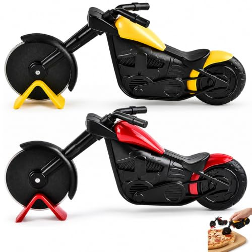 2-teiliger Pizzaschneider, Motorrad Pizzaschneider Set mit gelbem und rotem Design, Ideal für Pizza Enthusiasten und Motorrad Sammler, Praktisches Küchenwerkzeug für Familienfeiern
