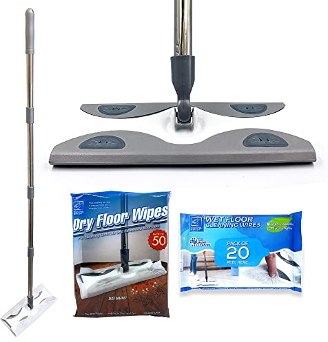 Floor Wipes Mop Starter Kit | Static Swivel Mop for Kitchen Floors | Laminate, Wooden, Tiled, Vinyl Flooring Household Wet & Dry Mops | Includes 1 Pack Each of Wet and Dry Floor Wipes