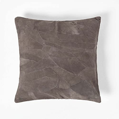 Homescapes Patchwork Leder-Kissen grau, Dekokissen 45x45 cm mit Füllung, Sofakissen Velours aus Recycling-Leder