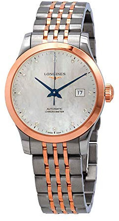 Longines Record Automatik Diamant Weiß Perlmutt Zifferblatt Damenuhr L2.321.5.87.7 Gold Modern, Blau, Modern