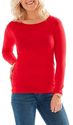 Womens Long Sleeve Stretch Plain Round Scoop Neck T Shirt Top Ladies Fitted Tee (Red, 16-18)