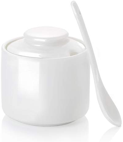 ONTUBE Keramik-Zuckerdose mit Deckel und Löffel, Porzellan-Gewürzdose, Salzschale, 237 ml, Weiß
