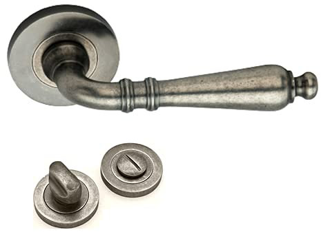 Infinity Decor Pewter Lever Door Handle with Choice of Escutcheons - Antique Old English Style (Handle + Bathroom Thumb Turn)