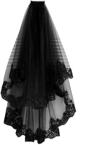 Beaupretty Schwarzer Brautschleier Spitze Langer Schleier Stickerei Schleier mit Kamm für Halloween Party