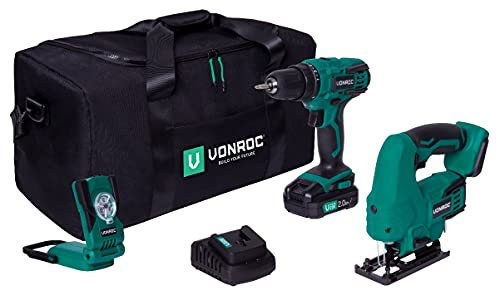 VONROC Pack outils sans fil VPower 20V - Perceuse-visseuse, scie sauteuse, lampe de de travail - 1 batterie 2.0Ah et chargeur (2 Machines, 1 Batterie 2.0Ah et chargeur Incl.)