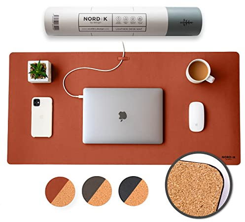 Nordik Cork Leather Desk Mat Cable Organiser (Saddle Brown 89 X 43 cm) Premium Extended Mouse Mat for Home Office Accessories - Non-Slip Vegan Leather Desk Pad Protector & Desk Blotter Pad