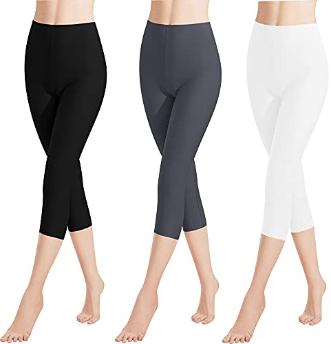 Libella 3er Pack Damen Leggings 3/4 Hose aus Baumwolle Capri-Hose mit Hohe Taille bunt Slim Fit Fitnesshose Mehrfarbig 4161 Schwarz Grau Weiß M