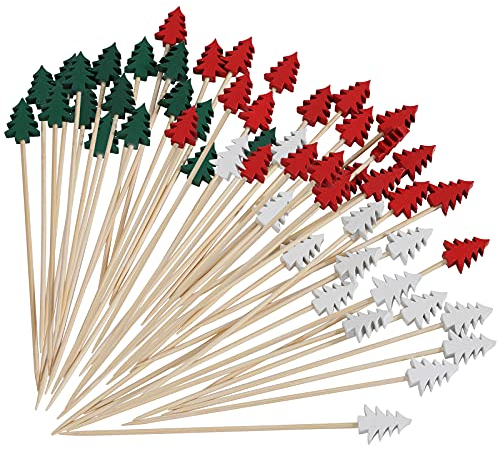 OOTSR Paquete de 100 púas de madera con forma de árbol de Navidad, palillos de cóctel de 5.2 pulgadas, sándwich de frutas