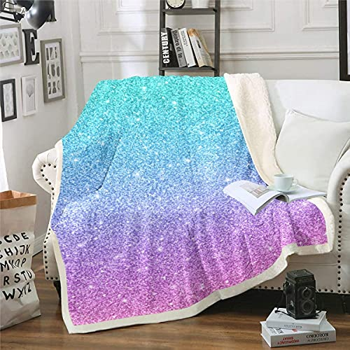 Homemissing Mädchen Kuscheldecke Bunte Glitzer Mädchenhaft Türkis Blaugrün Decke 130x150cm Blau Rosa Pastellfarben Flanell Fleecedecke Stilvolle Damen Wohndecke für Schlafsofa Couch