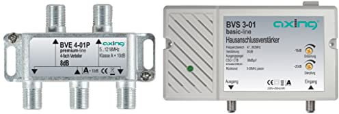 Axing BVS 3-01 Hausanschlussverstärker mit Rückkanal 5-30 MHz (30 dB, 47-862 MHz, 98 dBµV) & BVE 4-01P 4-Fach Verteiler Kabelfernsehen CATV Multimedia DVB-T2 Klasse A+, 10dB, 5-1218 MHz Metall