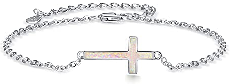 TANGPOET Kreuz Armband für Damen 925 Sterling Silber Christian Kruzifix Opal Armband Schmuck Geburtstagsgeschenk für Frauen Mädchen, verstellbares Armband