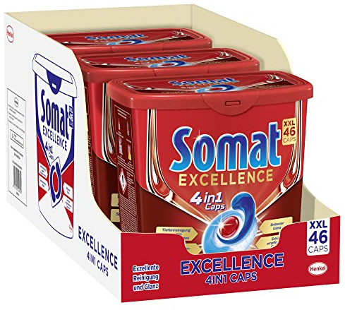 Somat Excellence 4 en 1, 138 pastillas (3 x 46), paquete XXL, pastillas para lavavajillas en funda 100% soluble en agua, cápsulas Somat para una limpieza y brillo excelentes en embalaje reciclable.
