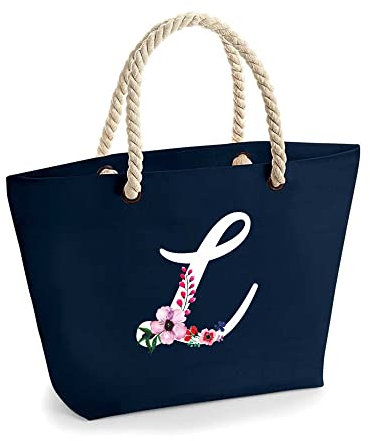 Colorfamily Sac De Plage Femme Grand Sac De Plage avec Initiale Florale - Choisissez votre Initiale - 100% Coton Toile, L, Taille unique