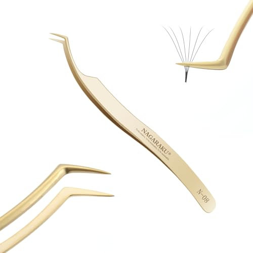 NAGARAKU Pince Cils Volumineux Greffage Pince à Épiler Précision à Pointe Pas D'espace Avec Capuchon Professionnelle Or Acier Inoxydable Légère Curved Volume Tweezer pour Les Cils Méga (S Typ N-08)