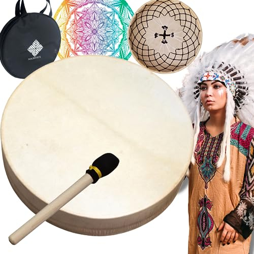 Tambor Chamánico Nativo de Madera y Piel de Cabra 30 cm, hecho a mano, para Rituales Chamánicos y Meditación + Mailloche