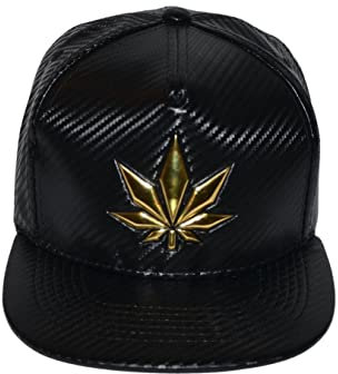 Popfizzy Weed Hat, Gold Leaf Flat Brim Hat, Marihuana Snapback Trucker Cap, PU Leder Pot Leaf Baseball Caps, Weed 68, Einheitsgröße