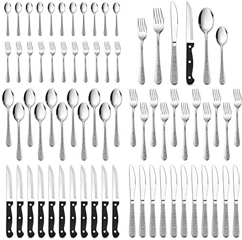 HaWare Juego de cubiertos de acero inoxidable de 72 piezas con cuchillo de carne para 12 personas, moderno juego de cubiertos con mango de martillo, cuchillo, tenedor y cuchara, para casa/restaurante,