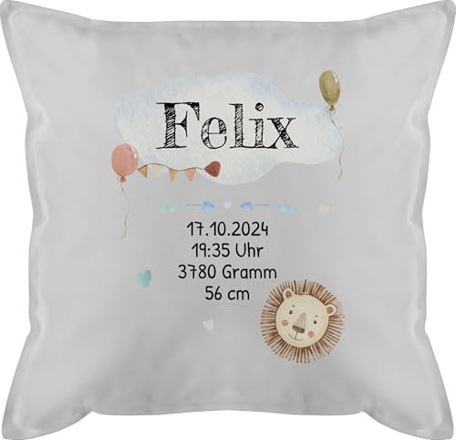 Kissen 50x50 - Geburtsgeschenk Baby Geschenk zur Geburt Junge Löwe - 50 x 50 cm - Grau - Geschenke Neugeborene geburtskissen neugeboren Name kopfkissen personalisiertes babygeschenke