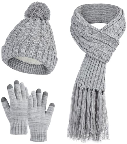 DiaryLook Mütze Schal Winter Handschuhe sets für Damen Strick set Fleece Loop Damen Schals Winterschal Knitted Pom Pom Cap,Grau