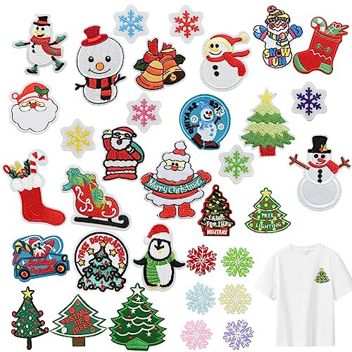 Bekecidi 34 Pcs Christmas Iron on Patches, Xmas Tree Snowflakes Embroidery Cloth Applique Sew-on Patches for Christmas Clothing DIY Craft Decoration, Festival Ornaments