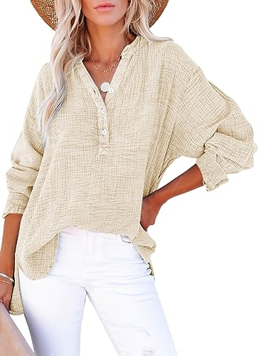 Dokotoo Teacher Outfits for Women Early Fall Fashion Button V Neck Long Sleeve Shirts Solid Casual Blouses Outfits for Teachers Side Slit Summer Tops Cotton Resort Wear for Women Tunics XL Apricot