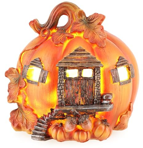 com-four® casa di Zucca in plastica - casa con Illuminazione a LED e Timer - Decorazione Elegante della Stanza - casa Luminosa per l'autunno e Halloween (Zucca Piccola)