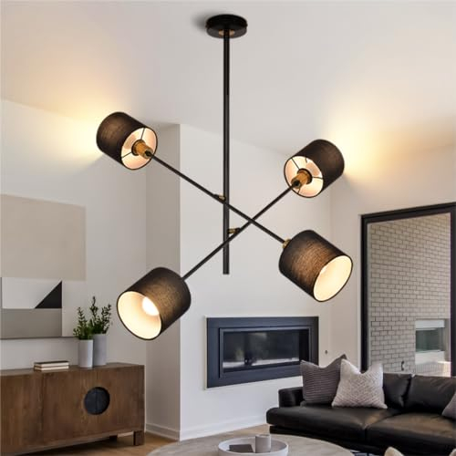 ZMH Pendelleuchte Esstisch Hängelampe Wohnzimmer - Wohnzimmerlampe Hängend Hängeleuchte Lampenschirm Esstischlampe Vintage Esszimmerlampe Schwarz Deckenlampe 4 Flammig Küchenlampe für Schlafzimmer