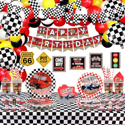 Obussgar Racing Car Geburtstag Dekorationen - Supplies einschließlich Banner, Teller, Tassen, Servietten, Tischdecke, Luftballons für Auto Party - für 20 Gäste (B)