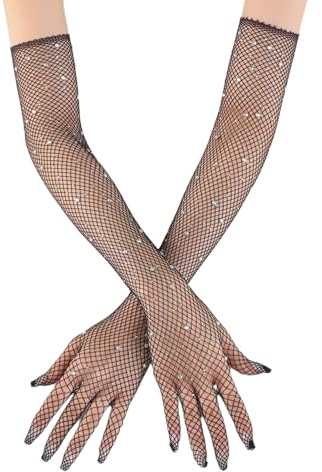 Wambere 1 Paar Lange Netzhandschuhe für Damen,Glitzer Strass Lange Handschuhe Fischnetz Handschuhe,Vintage Abendhandschuhe Operahandschuhe,für Hochzeit Halloween Maskerade Cosplay,Schwarz