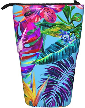 XVBCDFG Rosa Blume Tropische Pflanze Druck Bleistift Fall Stehen Bleistift Pouch, Teleskop Schreibwaren Pen Pouch, Stehende Bleistifttasche mit Reißverschluss, siehe abbildung, Einheitsgröße,