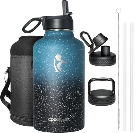Coolflask Isolierte Wasserflasche 2L, Halbe Gallone Wasserkrug mit Strohhalm & 3 Deckel, Große Isolierte Wasserflasche, Edelstahl Vakuum Wasserflasche für Sport und Reisen, Starry Indigo Black