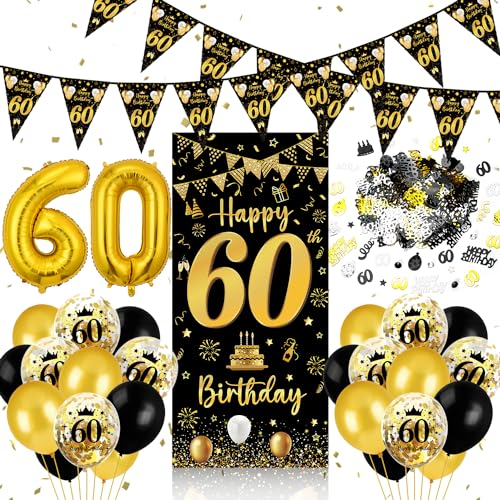 60 Geburtstag Deko Mann Frau, 60 Geburtstag Banner Schwarz Gold, Luftballons 60 Geburtstag Wimpel Girlande, Konfetti 60 Geburtstag, Tür Deko 60. Geburtstag Hintergrund für Männer Frauen Party Deko