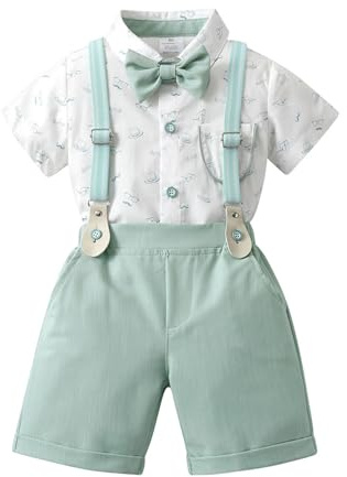Volunboy Bébé Garçon Ensemble Costume, L'été Manches Courtes Noeud Papillon Chemise avec Short Bretelle Barboteuse(Vert Clair,4-5 ans,Taille 120)