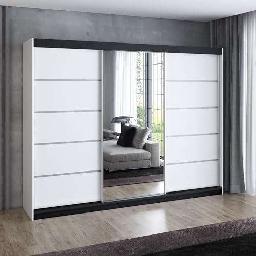 A&J MöbelLand Schwebetürenschrank VILANO 3, 3-türig Schrank 200 cm Kleiderschrank mit 4 Schubladen, und Spiegel (Weiß, Schwarz, Somona) (Weiß/weiß/weiß)