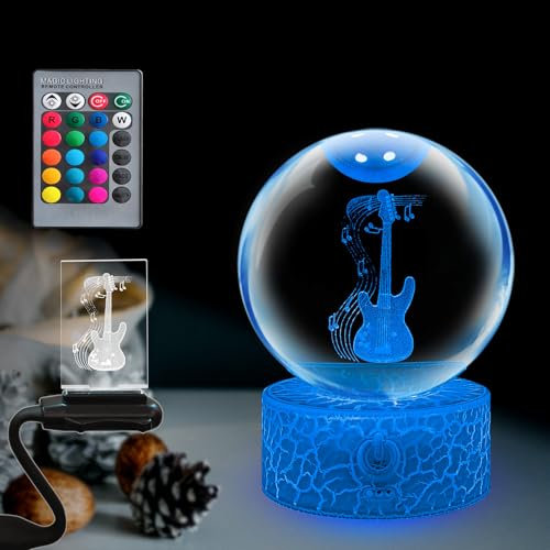 Creative Fashion Item 80mm Crystal Ball Guitar Model Gradient 16 Colors Night Light Portable with Remote Control Gift for Music Lovers Fans Glass Ball Bedside Lamp with Base Stand Indoor Decoration