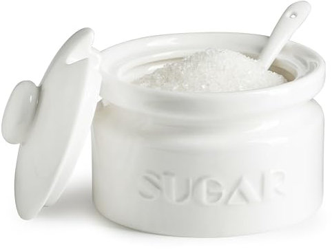 Gomakren Zuccheriera bianca, contenitore per lo zucchero con coperchio e cucchiaio, 290 ml, in ceramica, per cucina, bar, piano di lavoro, decorazione natalizia moderna