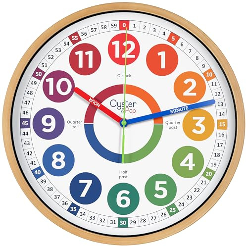 Oyster&Pop Large Kids Wall Clock - Silent 14 Analogue Learning Clock | Fully labelled colour-coded telling time teaching clock for classroom, bedroom, nursery or montessori - toddler age and up