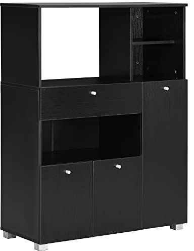 HOMCOM Meuble de Micro-Onde Armoire Cuisine Meuble de Rangement Multi-rangements Buffet avec 2 placards 4 niches tiroir Coulissant dim. 90L x 40l x 120H cm en Bois Noir