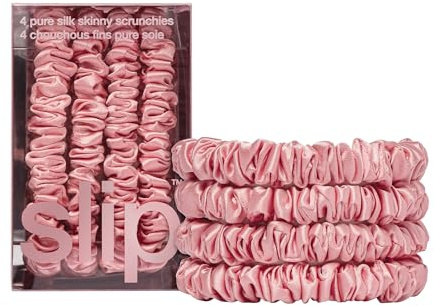 Slip Back to Basics Skinny Scrunchies: Das Slipsilk™-Design schützt empfindliches Haar vor Knitterfalten und Haarbruch | Enthält 4 Haargummis aus reiner Seide, Rose