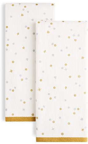 Kate Spade New York Celebration Dot Holiday Küchentücher, 2er-Pack, 100% Baumwolle mit Metallic-Druck, fusselfrei und saugfähig, Elfenbein/Gold/Silber, 43,2 x 71,1 cm