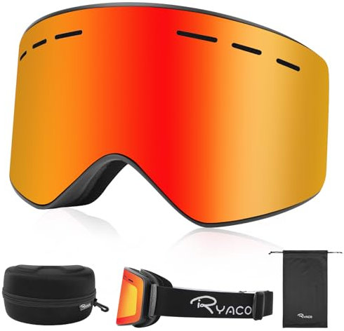 Ryaco Skibrille mit Magnetische Linse, Anti-Nebel OTG Snowboard Brille für Brillenträger, UV-Schutz, Hochauflösende Schneesportbrille für Herren, Damen, Jugendliche, Jungen, Mädchen, Rot