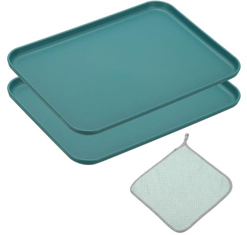 PATIKIL 10x7 Inch Fast Food Serving Trays, 2pcs Reusable Restaurant Serving Trays Cleaning Clothes Included PP Multi-Purpose Rectangle Small Size Tray, Dark Green