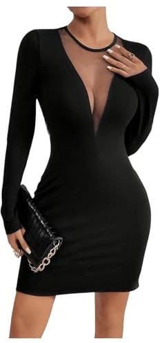 GORGLITTER Women's Mesh Sheer Deep V Neck Sexy Dress Low Cut Long Sleeve Bodycon Pencil Mini Dresses Black XL
