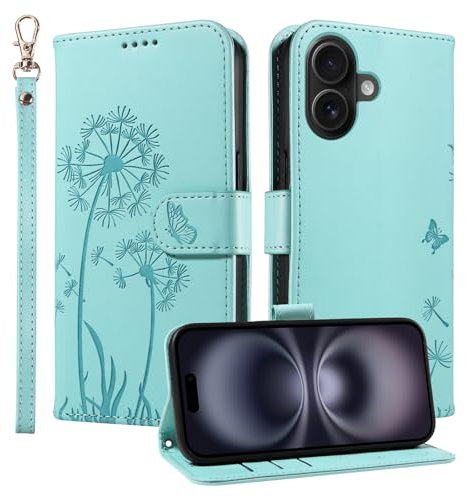 Trugox Wallet Case for Apple iPhone 16 Phone Case Leather Dandelion with Credit Card Holder Purse Kickstand Folio Book Folding Flip Case Cover Women Shockproof - Green