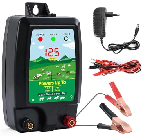 10KM Pastor Eléctrico, 12V Cerca Eléctrica Controlador de Pulso de Alto Voltaje Seguro para Ovejas, Caballos, Ganado, Aves, Pastor, Granja, Electrificador de Cercados (Negro)