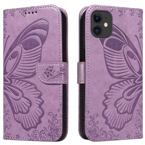 NEXCURIO Handyhülle für Apple iPhone 11 Hülle Klappbar Schmetterling mit Kartenfäch Klapphülle Leder Schutzhülle Wallet Flip Case Cover Handy Tasche Handytasche - Violett