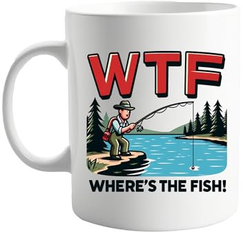 signkitsuk WTF Where's The Fish Funny Fishing Mug – 11oz Coffee Cup for Anglers, Fishermen, and Outdoors Enthusiasts – Humorous Gift for Dad, Grandpa, or Fishing Buddies Who Love a Laugh on The Water