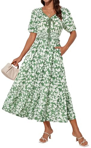 GRACE KARIN Women Short Sleeve V Neck Floral Dress Midi Summer Dress Green White Flower M